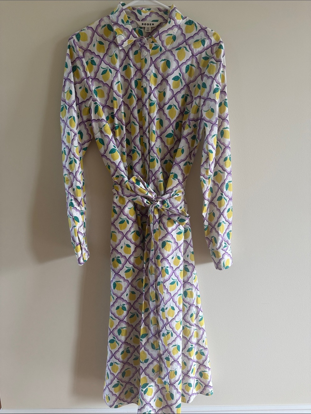Boden Long-Sleeve Lemon Print Shirt Dress in Purple, Yellow and Green